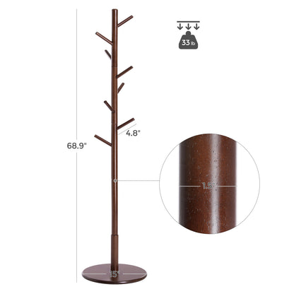 Solid Wood Coat Rack, Free Standing Hall Coat Tree with 8 Hooks, 3 Height Options, for Coats, Hats, Bags, Purses, for Entryway, Hallway, Rubberwood Hooks and Pole, Dark Walnut
