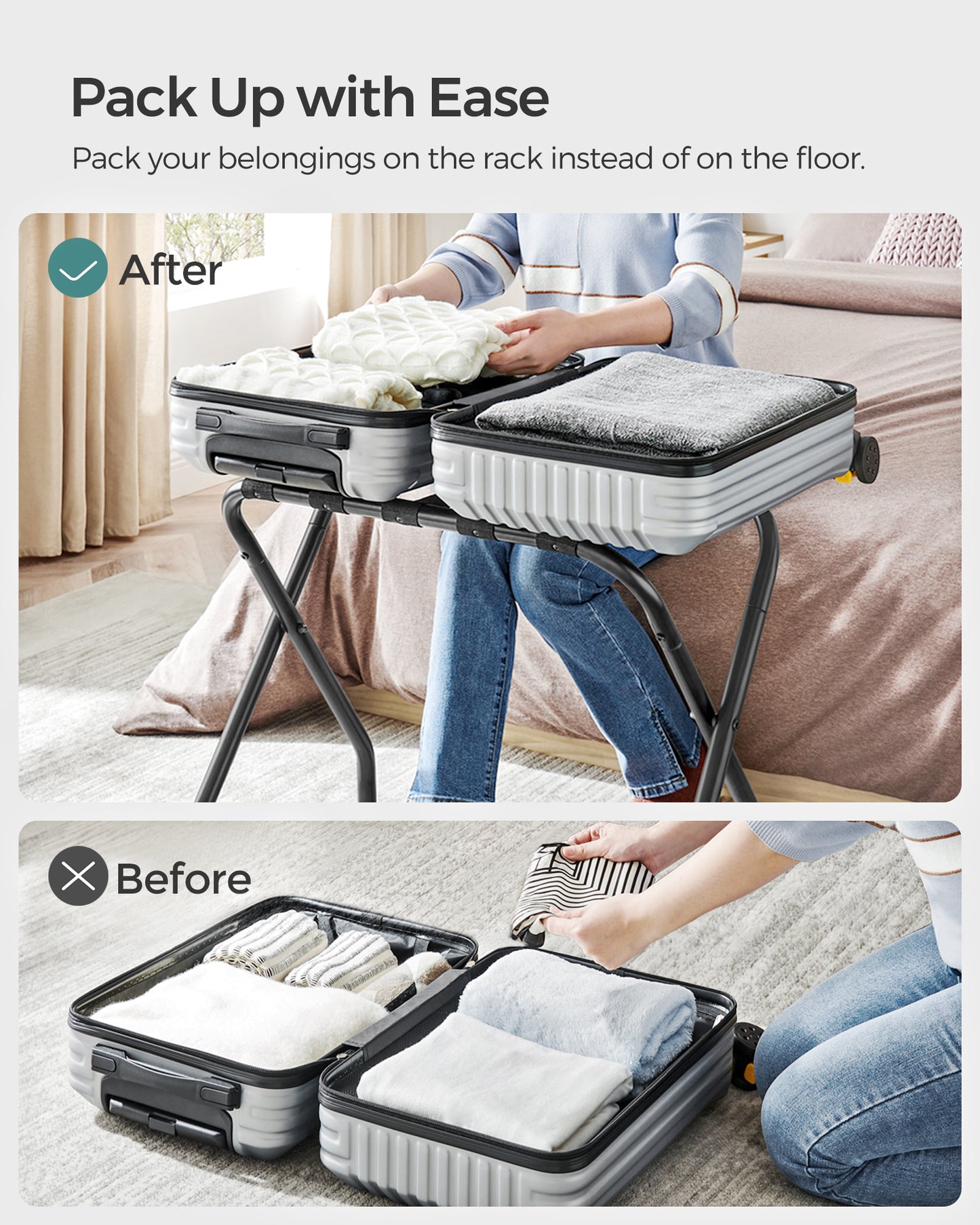 Luggage Rack Set of 2, Suitcase Stands, Luggage Stand, Foldable Steel Frame, Easy Assemble, Holds up to 110 lb, for Guest Room Hotel, Black
