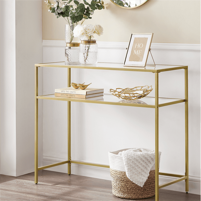 VASAGLE 39.4" Console Sofa Table Glass Gold Entryway Table 2 Shelves Adjustable Feet Metal Frame for Living Room