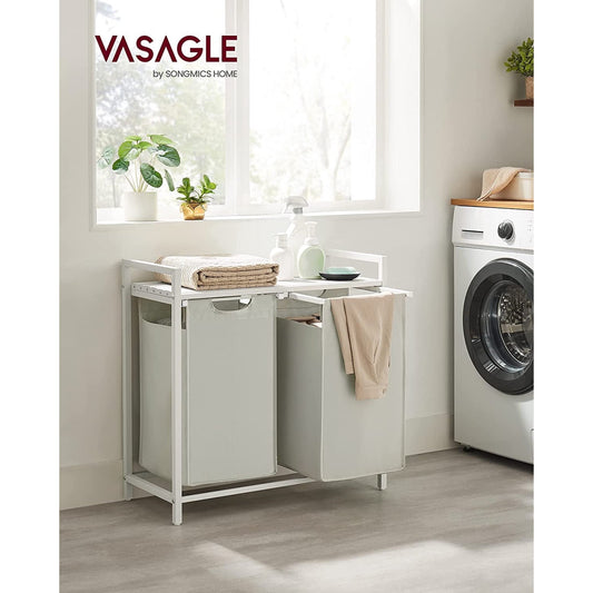 VASAGLE 46L Laundry Hamper Laundry Basket with 2 Pull-Out and Removable Bag Laundry Sorter with Shelf for Laundry Room White