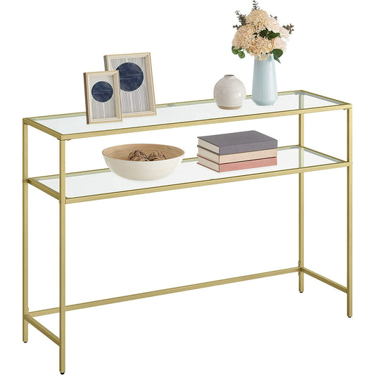 VASAGLE 47.2" Console Sofa Table Modern Entryway Table Tempered Glass Table 2 Shelves for Living Room Hallway Gold Color