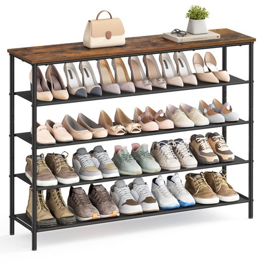 VASAGLE 5-Tier Shoe Rack for 20-24 Pairs, Entryway Shoe Organizer with Fabric Shelves and Wooden Top - Industrial Style Shoe Storage, Rustic Brown/Black