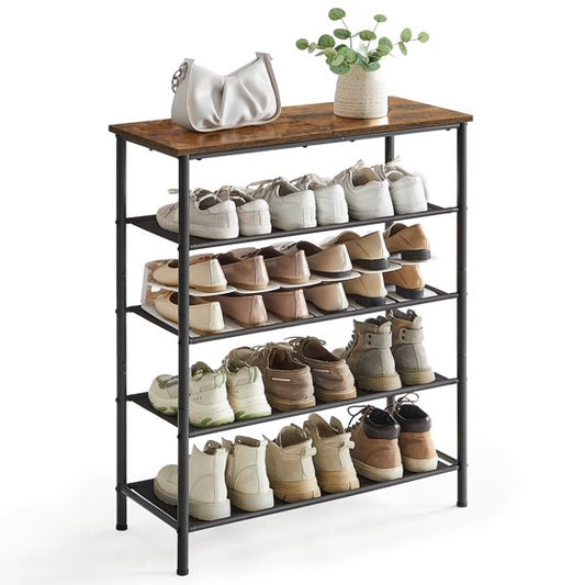 VASAGLE 5-Tier Shoe Rack Organizer, Large Capacity, Sturdy Steel Frame, Industrial Design, Rustic Brown and Black