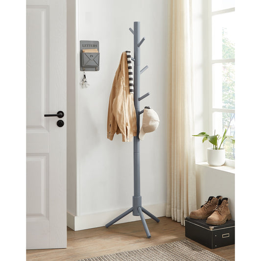 VASAGLE 8 Hooks Solid Wood Coat Rack Free Standing Coat Rack Tree-Shaped Coat Rack with for Clothes Hats Bags for Living Room Bedroom Grey