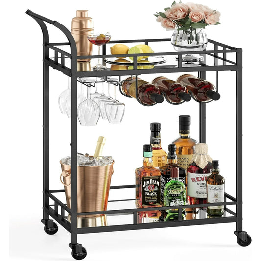 VASAGLE Bar Cart Black, Home Bar Serving Cart, Wine Cart with 2 Mirrored Shelves, Wine Holders