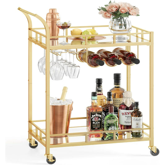 VASAGLE Bar Cart Home Bar Serving Wine Cart with 2 Mirrored Shelves Wine Glass Holders for Kitchen Dining Room Gold