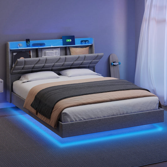 Modern Queen Size Floating Bed Frame with LED Lights and Charging Station - Stylish and Functional Bedroom Centerpiece