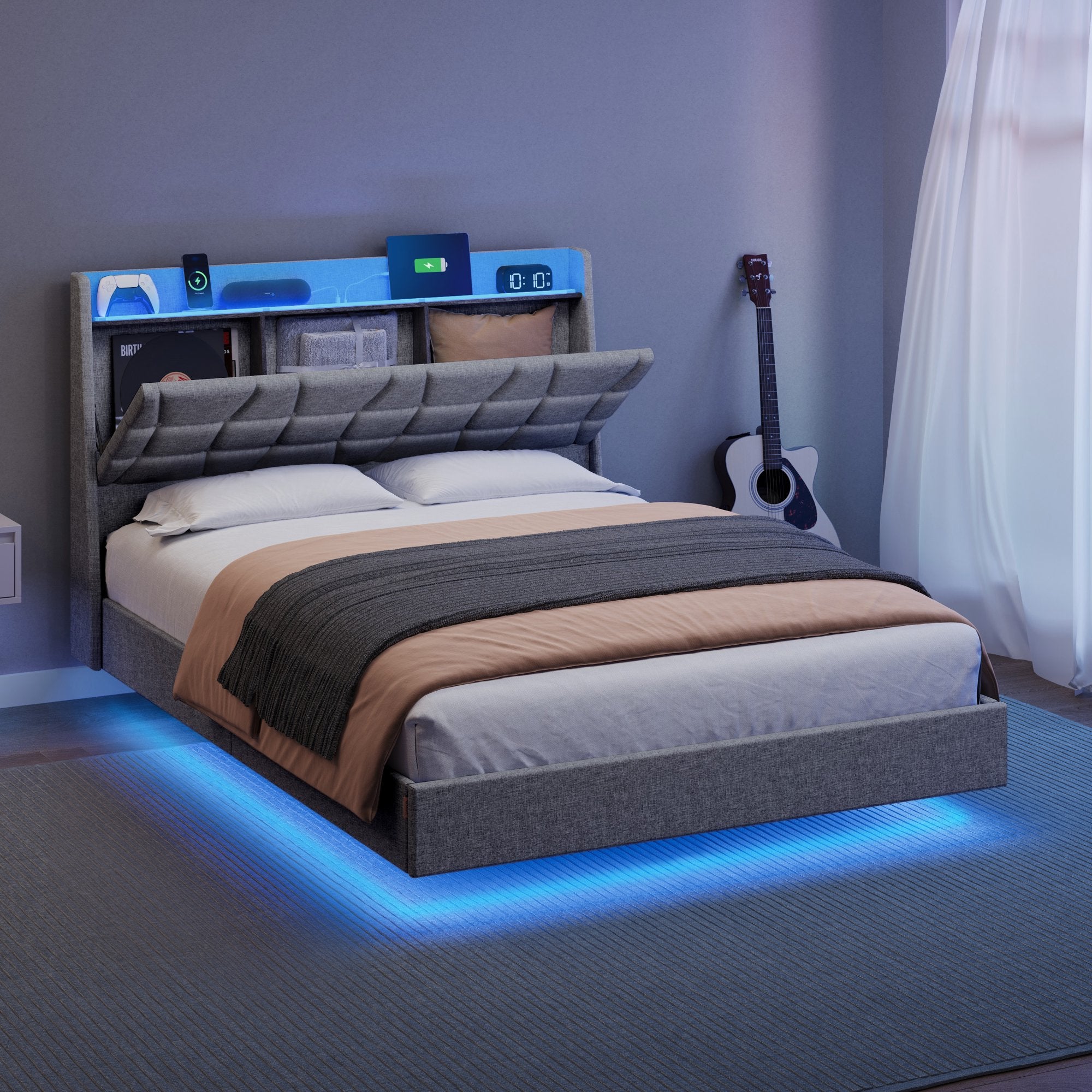 Stylish Full Size Floating Bed Frame with LED Lights and Charging Stat ...