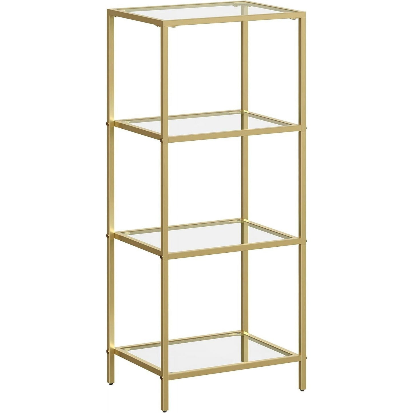 VASAGLE Bookcase 4-Tier Bookshelf Slim Shelving Unit for Bedroom Bathroom Home Office Tempered Glass Steel Frame Gold