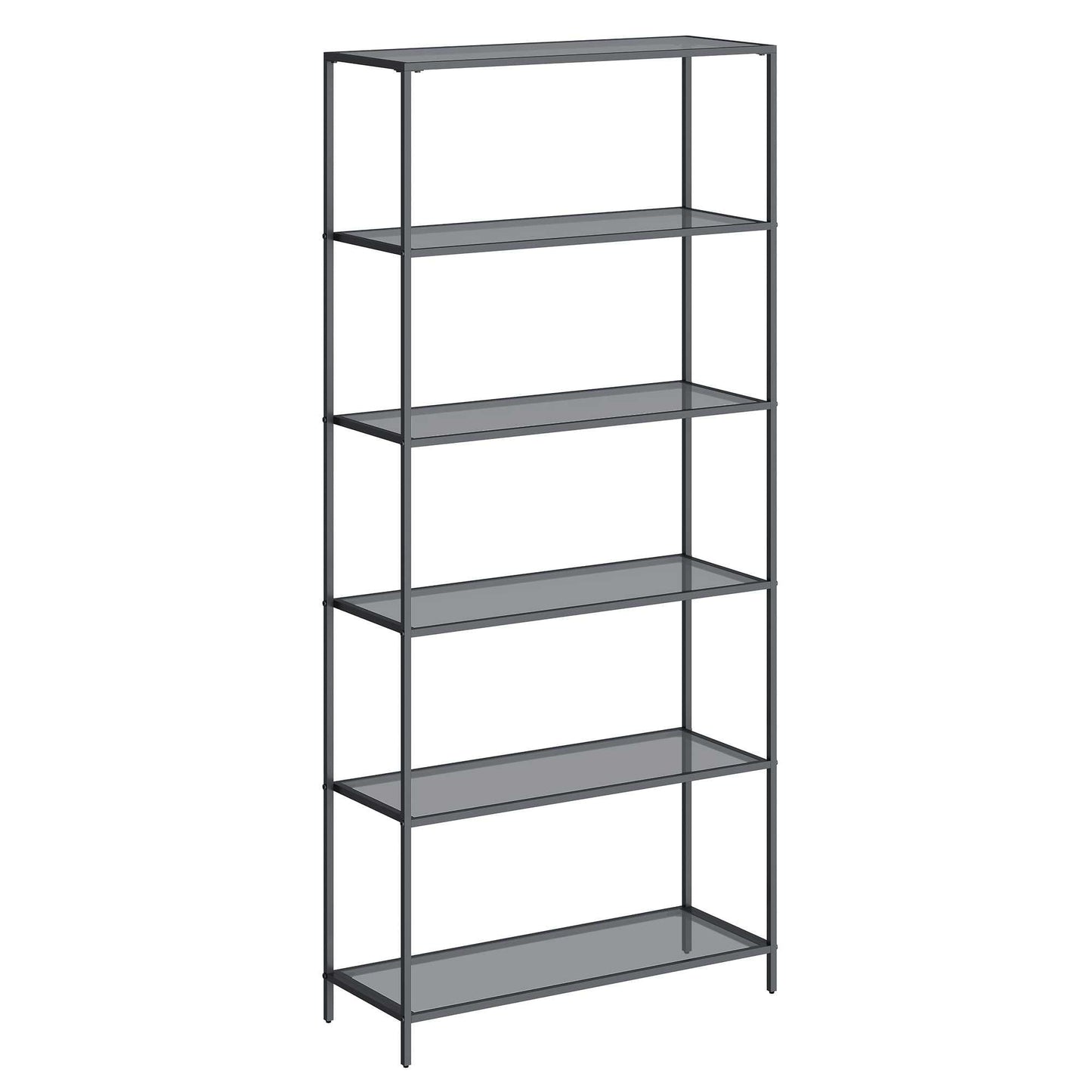 VASAGLE Bookcase, 6-Tier Bookshelf, Slim Shelving Unit Tempered Glass, Steel Frame Ink Black and Slate Gray