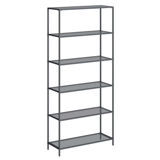 VASAGLE Bookcase, 6-Tier Bookshelf, Slim Shelving Unit Tempered Glass, Steel Frame Ink Black and Slate Gray