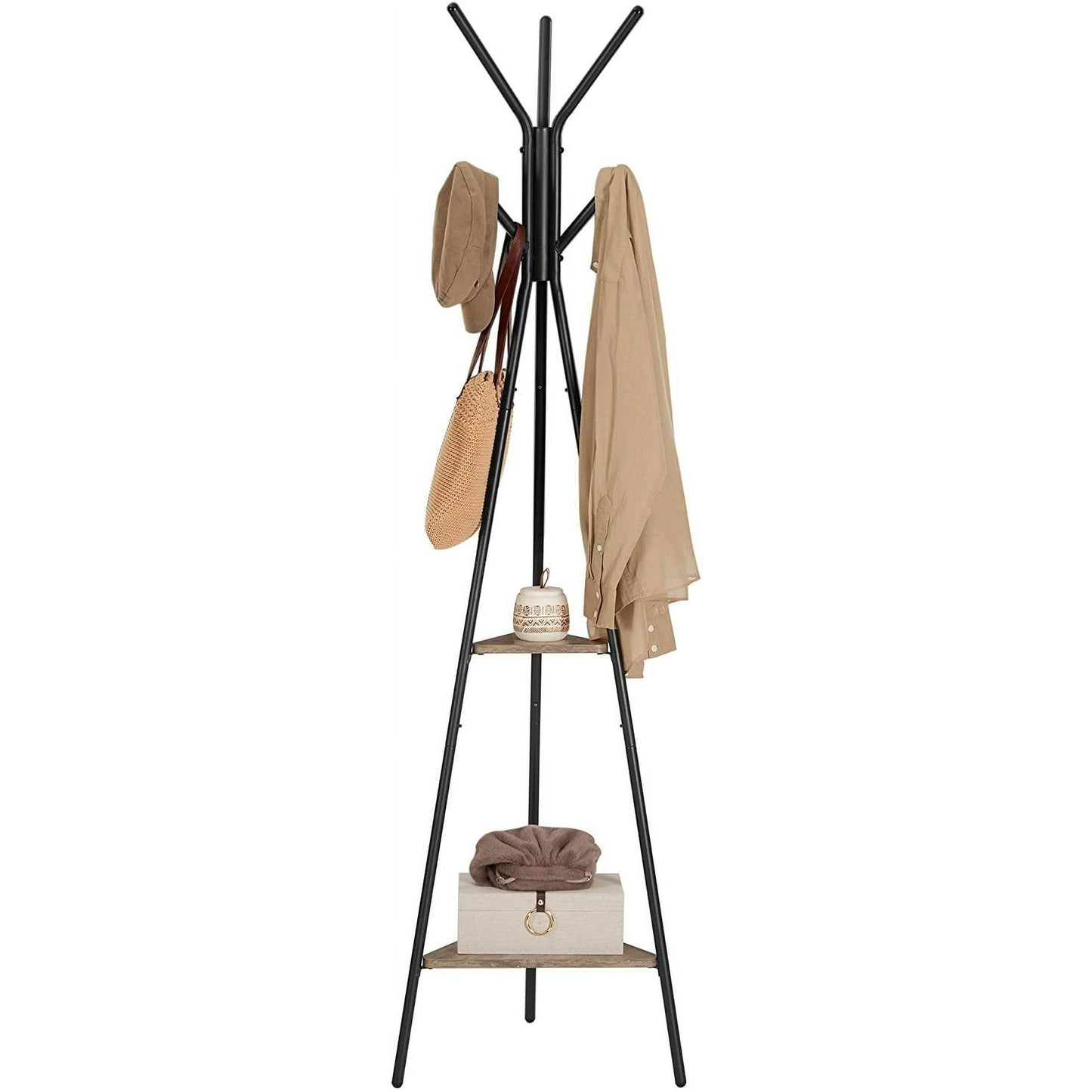 VASAGLE Coat Rack Freestanding Coat Hanger Stand Hall Tree with 2 Shelves for Clothes Hat Bag Industrial Style Greige and Black