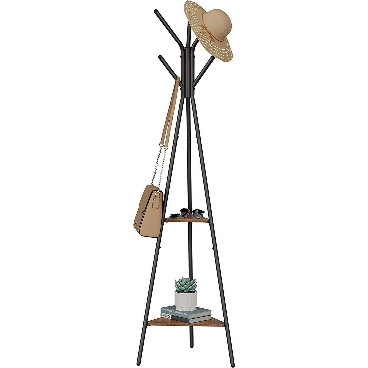 VASAGLE Coat Rack Freestanding Stand Coat Hanger Stand Hall Tree with 2 Shelves for Clothes Hat Bag Industrial Style Brown and Black