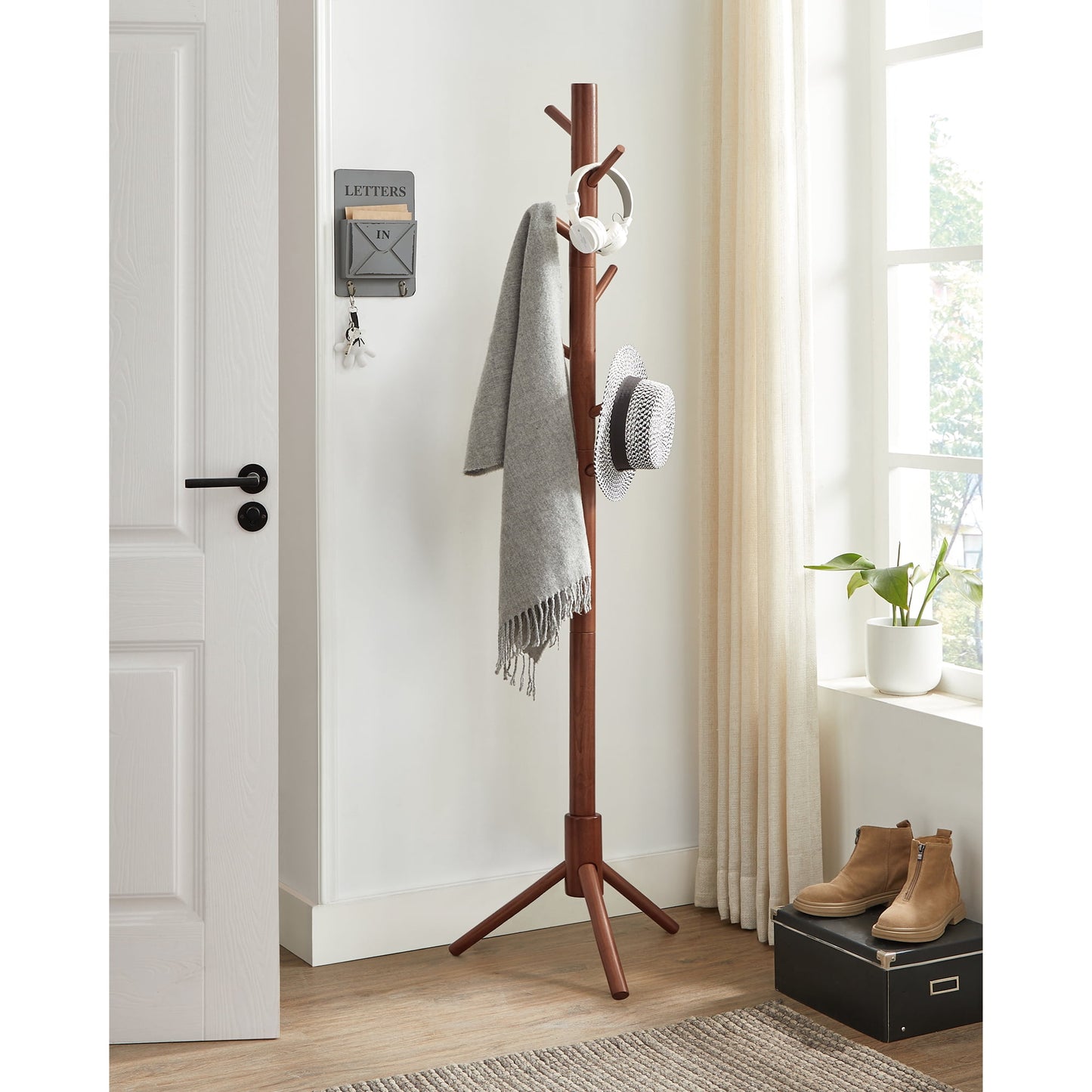 VASAGLE Coat Rack Solid Wood Free Standing Coat Rack Tree-Shaped Coat Rack with 8 Hooks for Clothes Hats Bags for Living Room Bedroom Dark Walnut