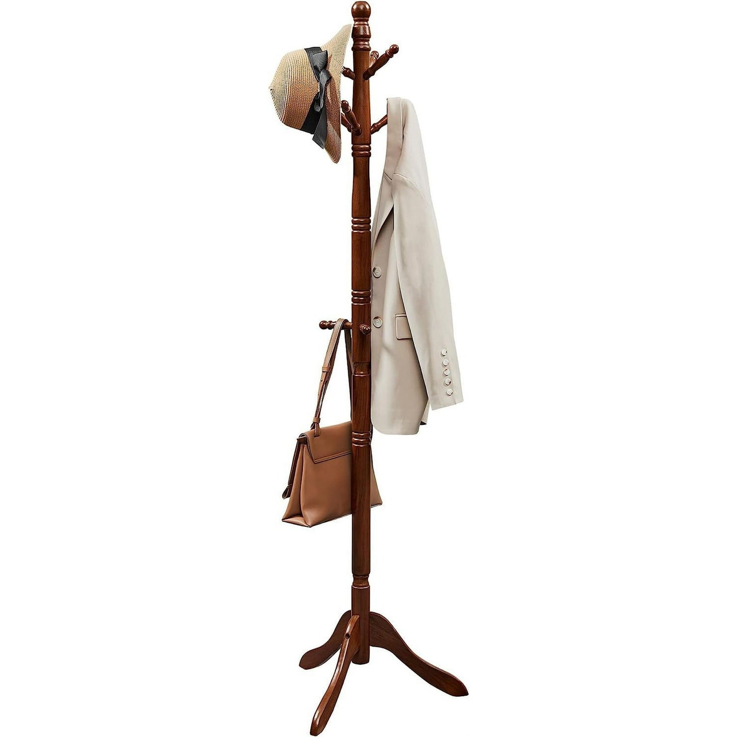 VASAGLE Coat Rack Solid Wood Coat Stand Free Standing Hall Coat Tree with 10 Hooks for Coats Hats Bags Purses for Entryway Hallway Rubberwood, Dark Walnut