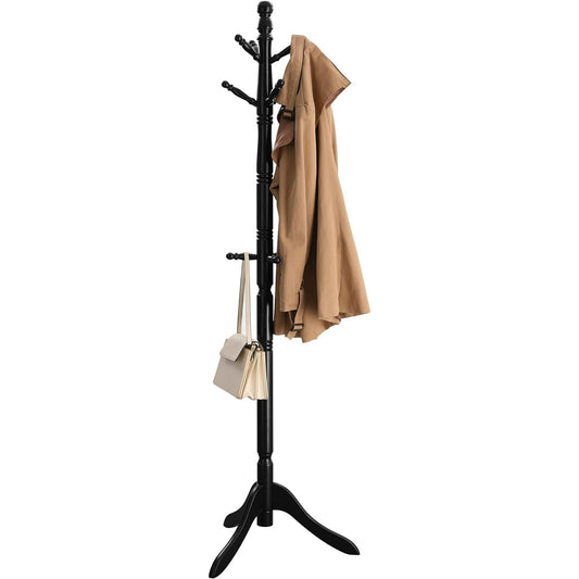 VASAGLE Solid Wood Coat Rack and Stand, Free Standing HallCoat Tree with 10 Hooks for Hats, Bags, Purses, for Entryway, Hallway, Rubberwood, Ink Black