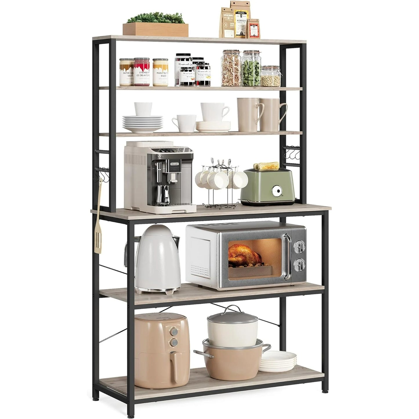 VASAGLE Coffee Bar Kitchen Baker’s Rack with Storage Storage Shelf Island with 6 Hooks Microwave Stand Greige and Black