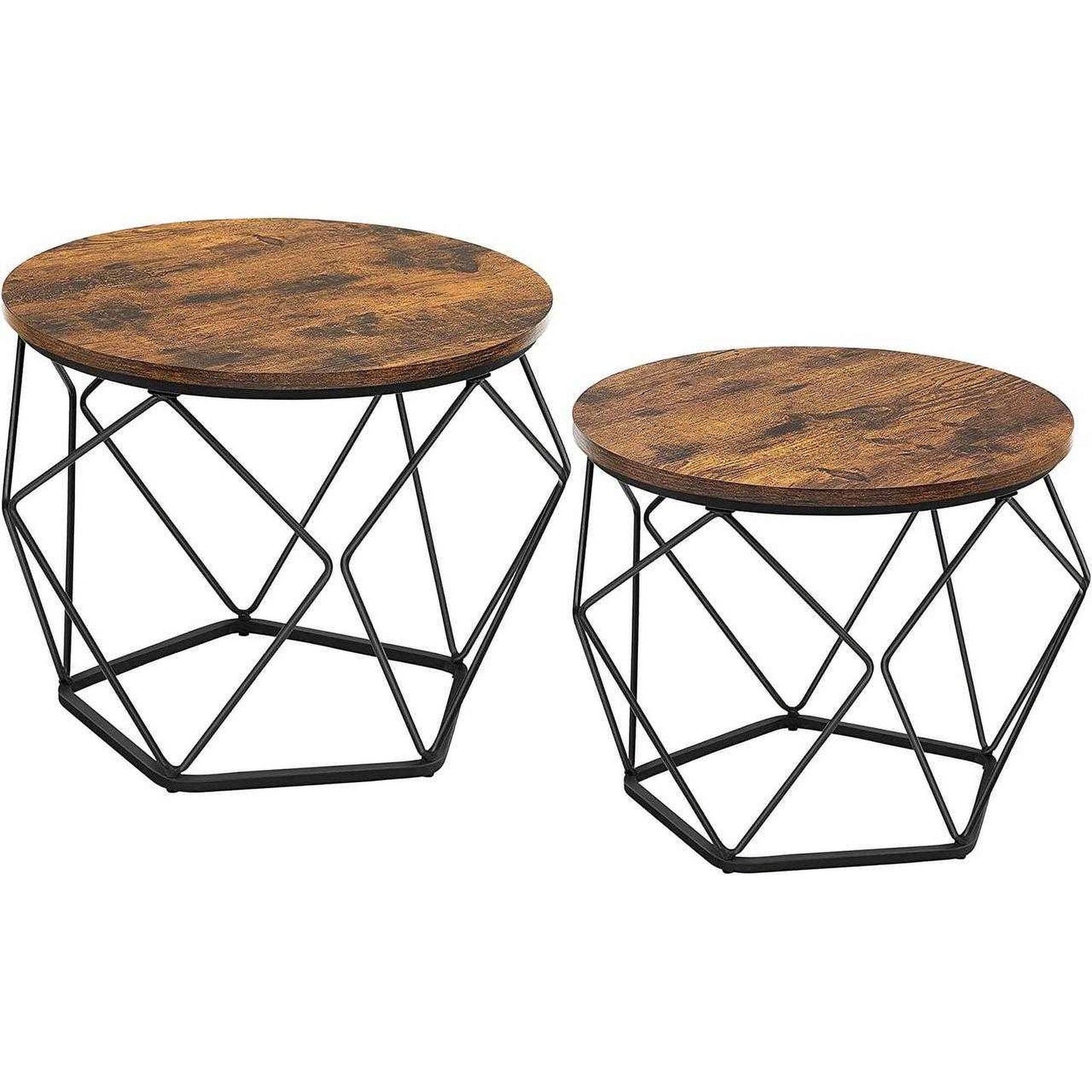 VASAGLE Small Round Coffee Table Set of 2 Side End Table with Steel Frame Rustic Brown and Ink Black