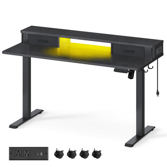 Electric Computer Desk, 23.6 x 55.1 Inches Adjustable Height Stand Desk with Built-in Power Strip