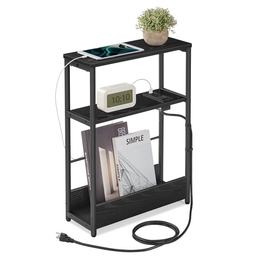 Side Table with Charging Station, Narrow End Table, 3-Tier Nightstand, Sofa Table for Small Spaces, Magazine Rack, for Living Room, Bedroom, Study, Ebony Black and Ink Black