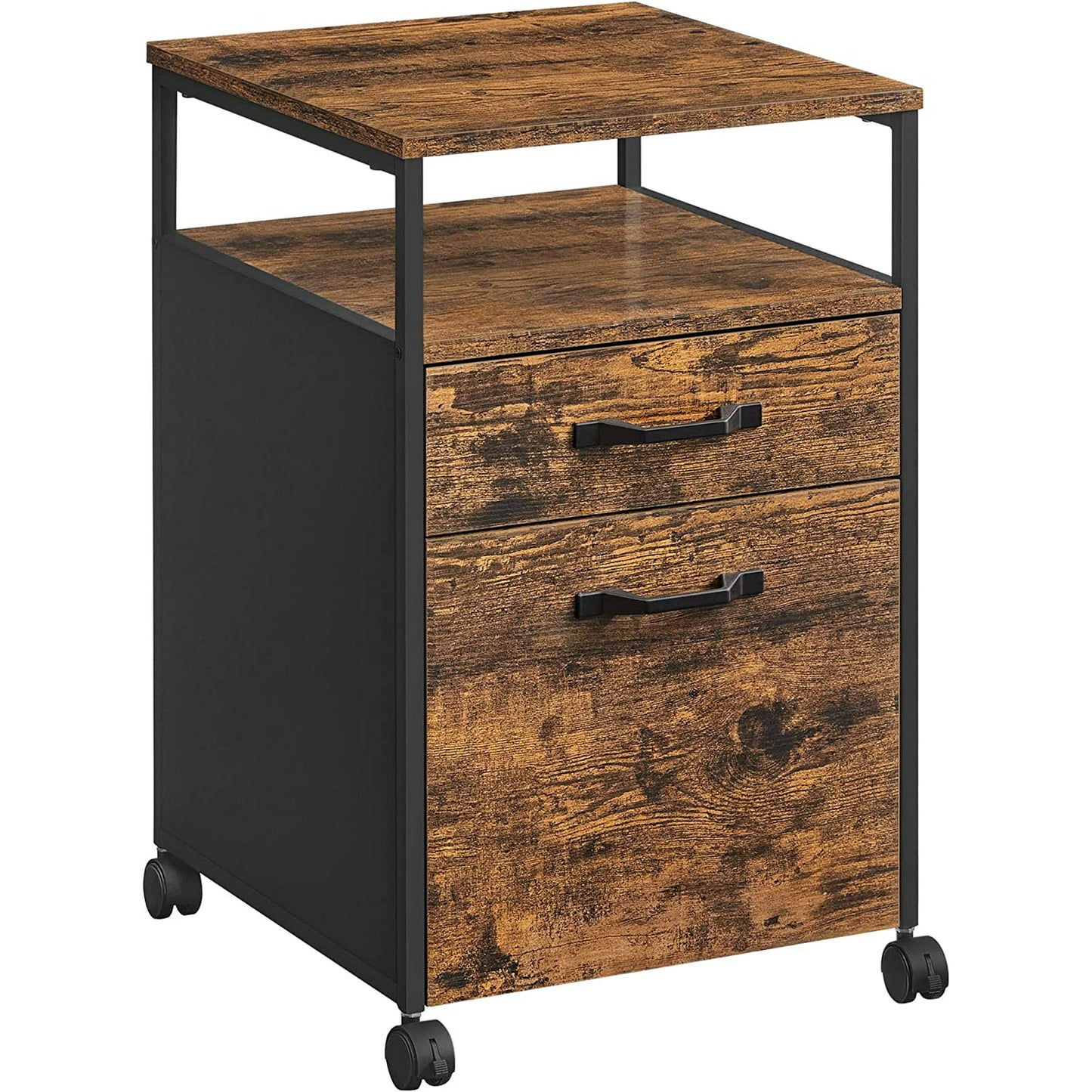 VASAGLE File Cabinet Mobile Filing Cabinet with Wheels 2 Drawers Open Shelf for Office Rustic Brown and Black