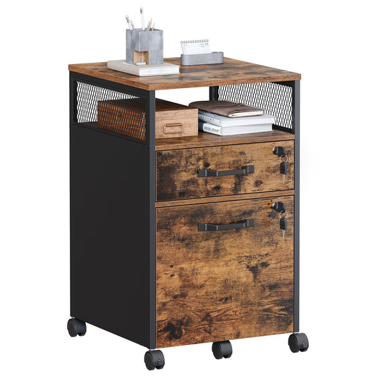 VASAGLE File Cabinet with Lock, Filing Cabinet with 2 Storage Drawers, Rustic Brown and Black