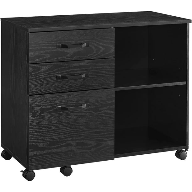 VASAGLE Lateral File Cabinet Home Office Printer Stand with 3 Drawers and Open Storage Shelves for A4 Black with Wood Grain