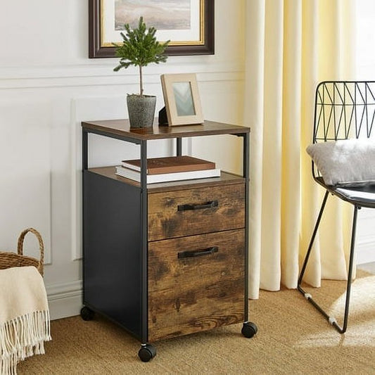 VASAGLE Mobile File Cabinet w/ Wheels and Drawers Open Shelf for A4 Letter Size Home Office Rustic Brown and Black