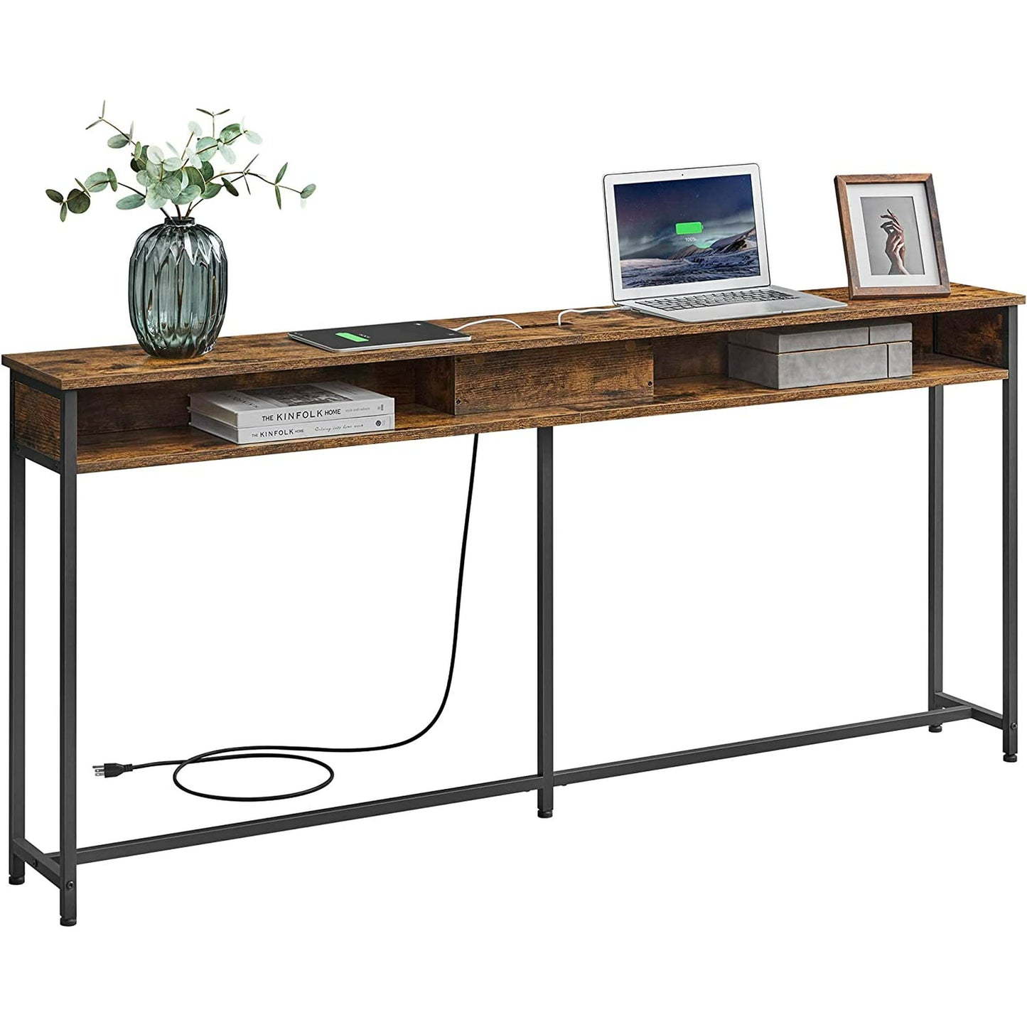 VASAGLE Narrow Console Table 70.9" with 2 Outlet and 2 USB Ports Sofa Table with Charging Station Long Entryway Table for Hallway Living Room Rustic Brown and Black