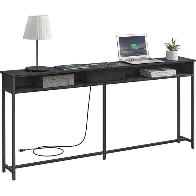 VASAGLE Narrow Console Table 70.9" with 2 Outlet and 2 USB Ports Sofa Table with Charging Station Long Entryway Table for Hallway Living Room Black