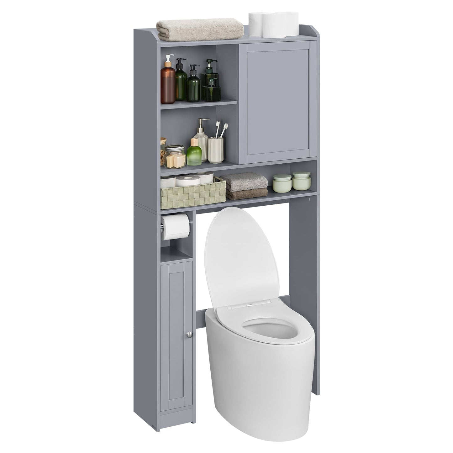 Space-Saving Over-The-Toilet Storage Shelf with Sliding Door and Adjustable Shelves - Modern Bathroom Organizer