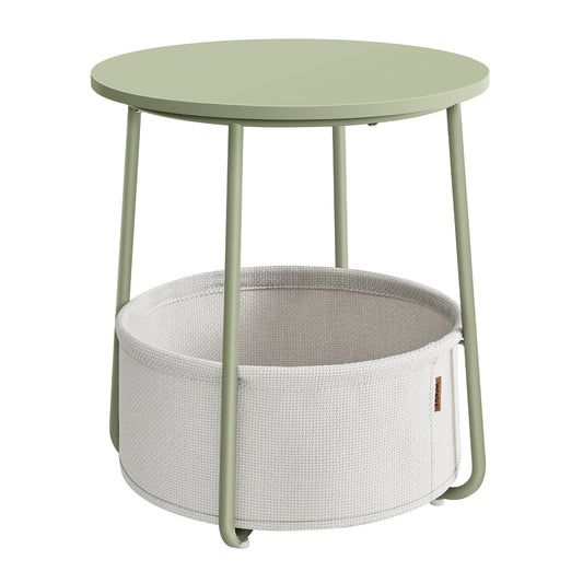 VASAGLE Round End Side Table with Fabric Storage Basket Bedside Table Nightstand for Living Room Bedroom Laurel Green and Cream White