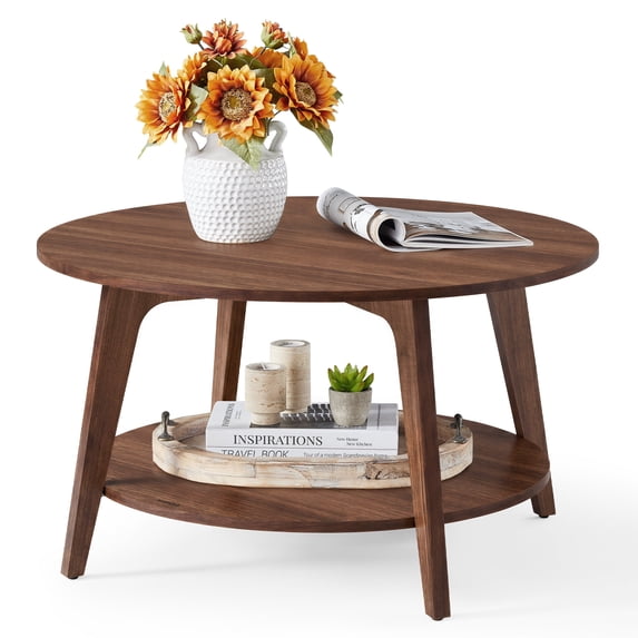 VASAGLE MAEZO Collection - Round Coffee Table, 2-Tier Center Table with Storage, Tapered Legs, Curved Transitions, 31.5 Dia. x 17.7 H Inches, Easy Assembly, for Living Room, Chestnut Walnut