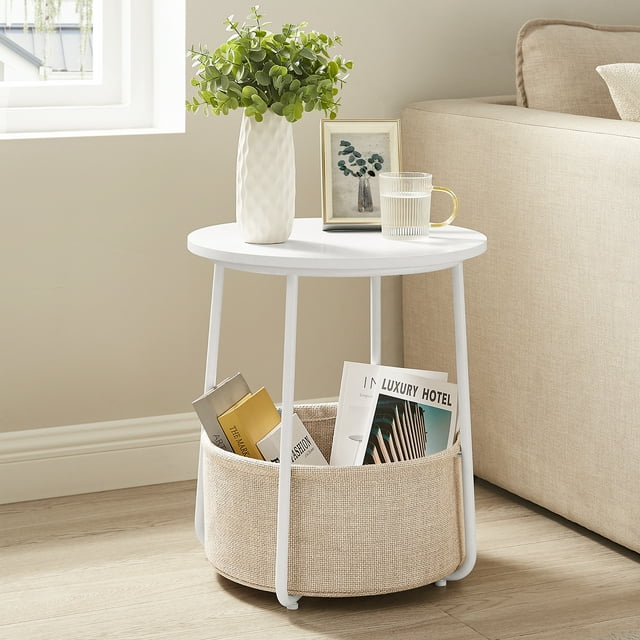 VASAGLE Round End Side Table with Fabric Storage Basket Bedside Table Nightstand for Living Room Bedroom Classic White Sand Beige