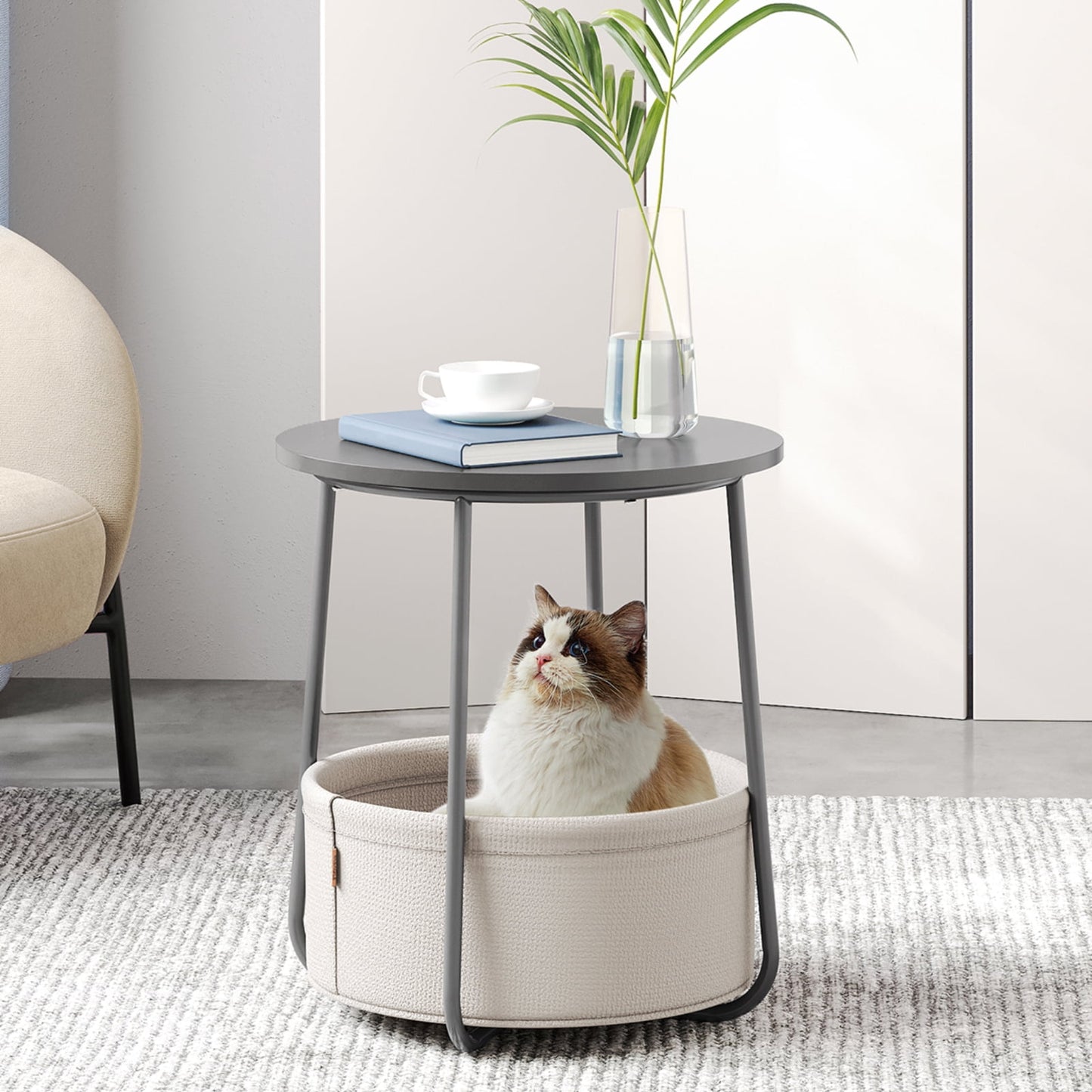 VASAGLE Round End Side Table with Fabric Storage Basket Bedside Table Nightstand for Living Room Bedroom Dove Gray Classic White