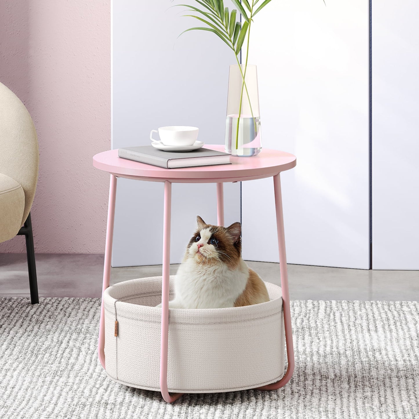 VASAGLE Round End Side Table with Fabric Storage Basket Bedside Table Nightstand for Living Room Bedroom Jelly Pink Classic White