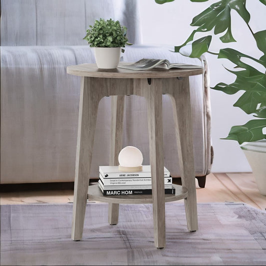 Round Side Table with Lower Shelf End Table for Small Spaces Nightstand Greige