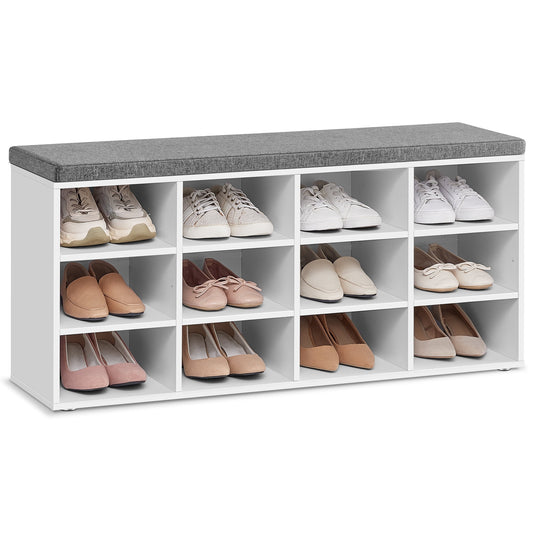 VASAGLE Shoe Bench with Cushion - Storage Bench with Padded Seat - Entryway Bench with 12 Compartments - Adjustable Shelves - White and Gray