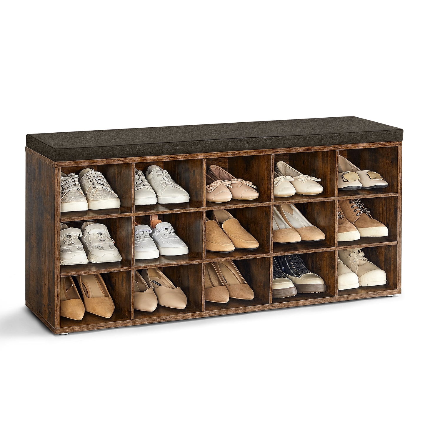 VASAGLE Shoe Rack Bench with Cushion 15 Compartments Storage Bench Shoe Bench for Entryway Rustic Brown