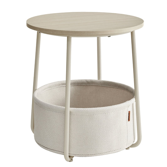 VASAGLE Round End Side Table with Fabric Storage Basket Bedside Table Nightstand for Living Room Bedroom Cream White