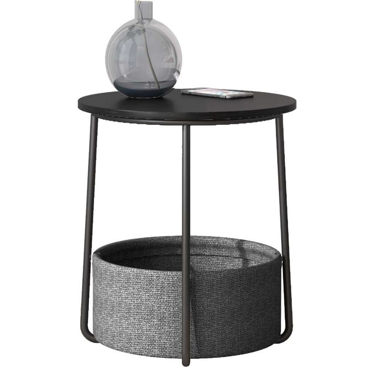 VASAGLE Round End Side Table with Fabric Storage Basket Bedside Table Nightstand for Living Room Bedroom Ebony Black and Slate Gray