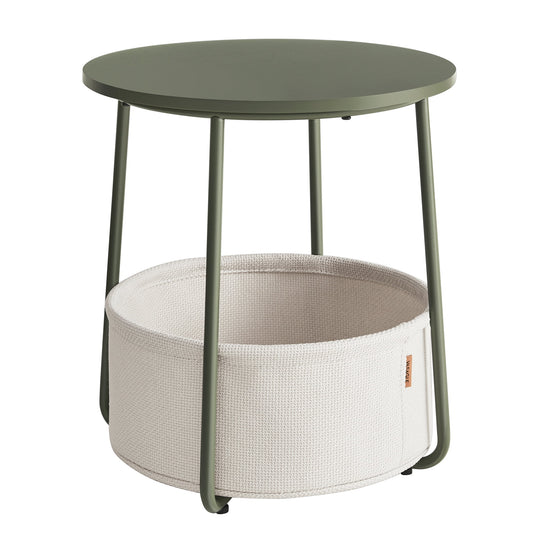 VASAGLE Round End Side Table with Fabric Storage Basket Bedside Table Nightstand for Living Room Bedroom Forest Green and Cream White