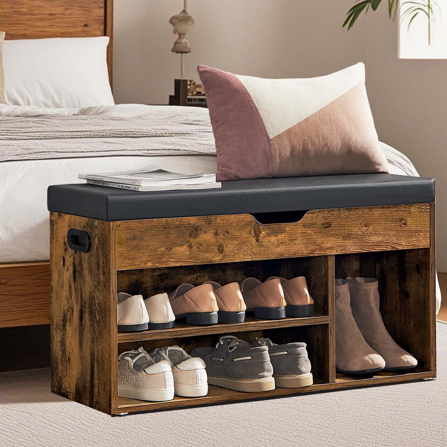 Storage Bench with Cushion - Shoe Bench with Hidden Storage and Shelves - Versatile Hallway and Bedroom Organizer