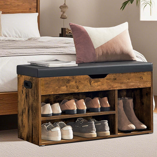 Storage Bench with Cushion - Shoe Bench with Hidden Storage and Shelves - Versatile Hallway and Bedroom Organizer