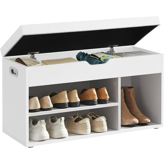 VASAGLE Storage Bench with Cushion - Shoe Bench with Hidden Storage and Shelves - Versatile Hallway and Bedroom Organizer - Cloud White