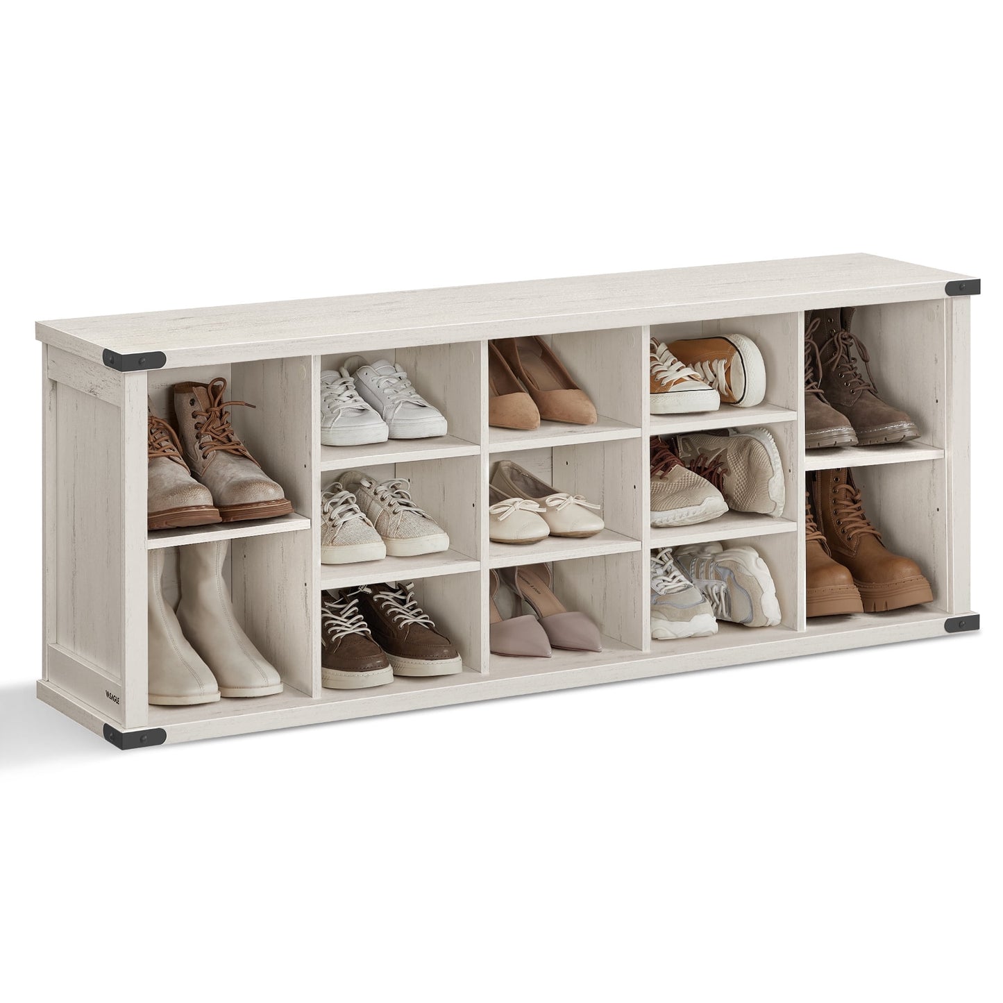 VASAGLE Shoe Bench, Shoe Storage Bench with 15 Compartments, Adjustable Shelves,Entryway Bench, for Bedroom Closet, Living Room, Rustic White