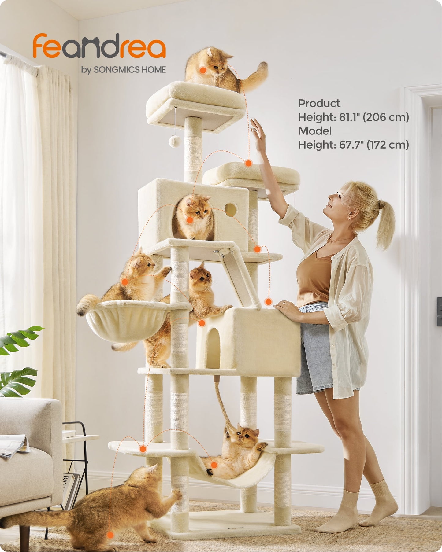 Feandrea 81.1"H Cat Tree Cat Tower for Indoor Cats, Plush Multi-Level Cat Condo with Scratching Posts, Perches, Caves, Hammock, Beige