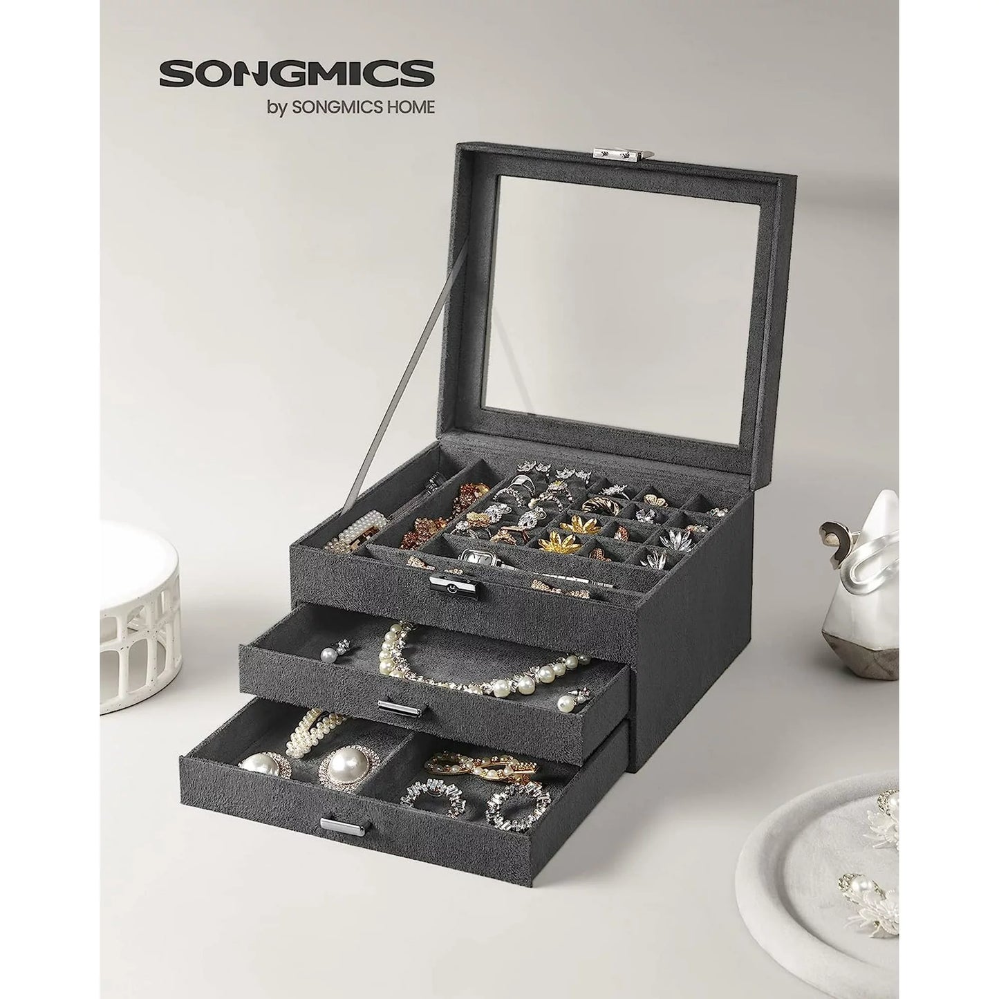 SONGMICS Jewelry Box, 3-Tier Jewelry Display Case and Organizer