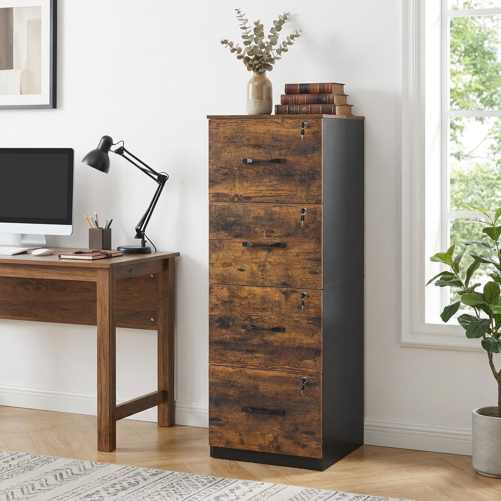 VASAGLE 4-Drawer Vertical File Cabinet, Filing Cabinet, with 4 Lockable Drawers, Adjustable Hanging Rail, for A4 and Letter-Size Files, Rustic Brown