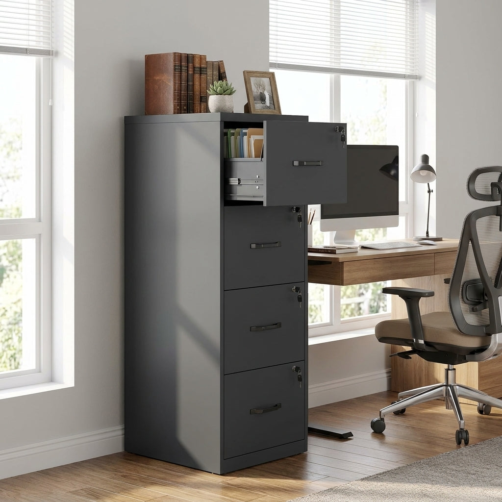 VASAGLE 4-Drawer Vertical File Cabinet, Filing Cabinet, with 4 Lockable Drawers, Adjustable Hanging Rail, for A4 and Letter-Size Files, Ink Black